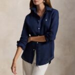 POLO RALPH LAUREN WOMEN'S CLASSIC FIT LINEN SHIRT TIDAL NAVY