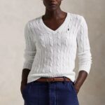 POLO RALPH LAUREN WOMAN CABLE-KNIT COTTON V-NECK JUMPER WHITE