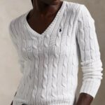 POLO RALPH LAUREN WOMAN CABLE-KNIT COTTON V-NECK JUMPER WHITE - Image 3