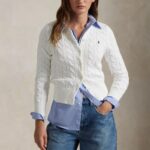 POLO RALPH LAUREN WOMAN CABLE-KNIT COTTON CREWNECK CARDIGAN WHITE