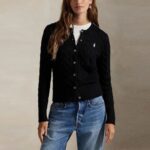 POLO RALPH LAUREN WOMAN CABLE-KNIT COTTON CREWNECK CARDIGAN BLACK