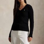 POLO RALPH LAUREN WOMAN CABLE-KNIT COTTON V-NECK JUMPER POLO BLACK/WHITE