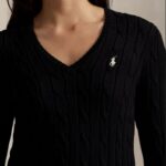POLO RALPH LAUREN WOMAN CABLE-KNIT COTTON V-NECK JUMPER POLO BLACK/WHITE - Image 3