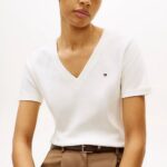 TOMMY HILFIGER WOMAN'S FLAG EMBROIDERY V-NECK SLIM T-SHIRT ECRU - Image 3