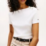 TOMMY HILFIGER WOMAN'S GOLD-TONE BUTTON SLIM BOAT NECK T-SHIRT WHITE - Image 3
