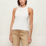 TOMMY HILFIGER WOMEN'S GOLD BUTTON HENLEY TOP ECRU