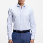 BOSS MEN'S SLIM-FIT SHIRT IN EASY-IRON CHEKED STRECH COTTON LIGHT BLUE