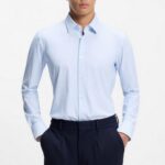 BOSS MEN'S SLIM-FIT SHIRT IN PRINTED PERFORMANCE-STRECH JERSEY WHITE/LIGHT BLUE CHECKS