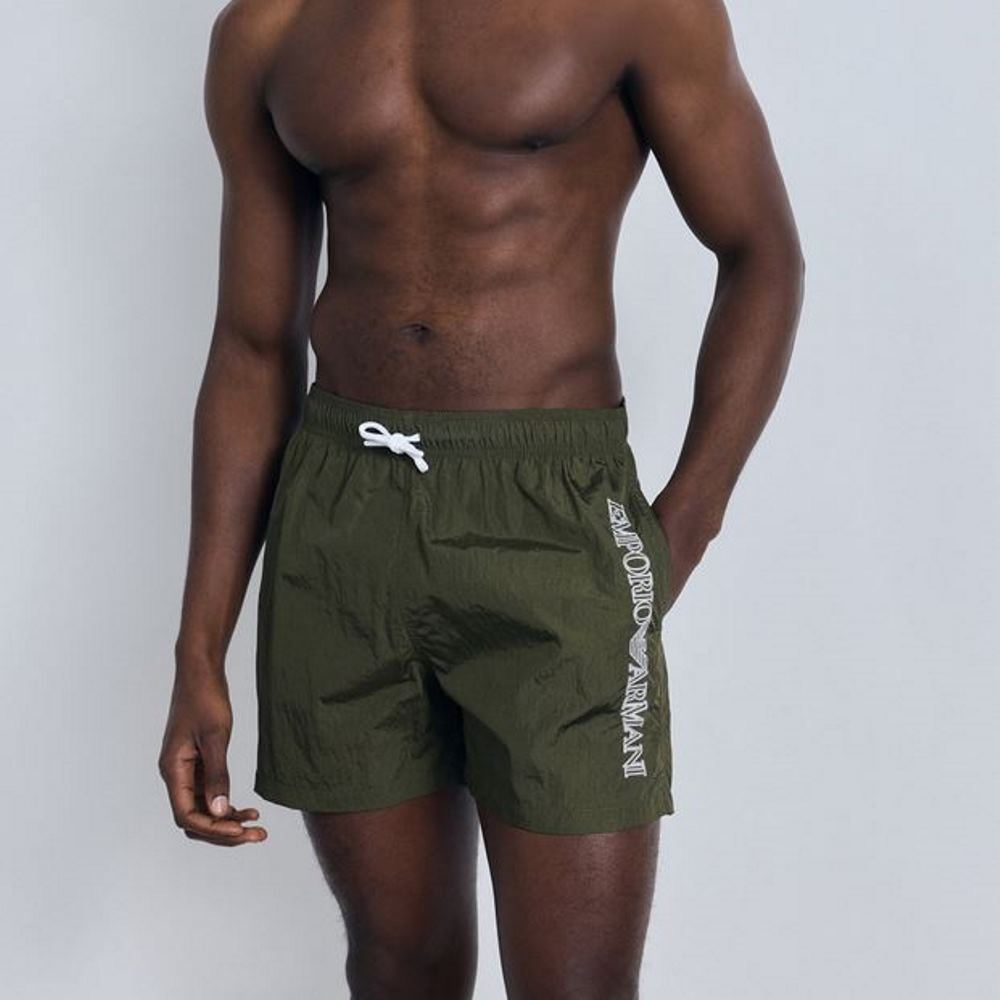 EM000583-AF20425-U7047-2 EMPORIO ARMANI MEN'S EMBROIDERY LOGO BOXER - SWIMMING SHORTS- OLIVE - Image 1