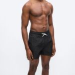 EMPORIO ARMANI MEN'S EMBROIDERY LOGO BOXER - SWIMMING SHORTS- BLACK