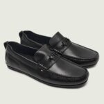 TOMMY HILFIGER MEN LEATHER LOAFERS DRIVER BLACK