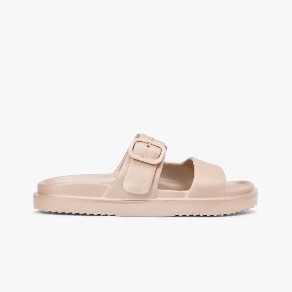 FW0FW09114-0HT-6 TOMMY HILFIGER DOUBLE STRAP ENAMEL FLAG SLIDES SAFARI CANVAS PEARLIZED - Image 1