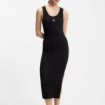 HUGO WOMAN COTTON-BLEND JERSEY MIDI DRESS WITH STACKED LOGO BLACK