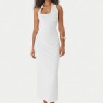 HUGO WOMAN MIDI DRESS SLIM-FIT SHAGAR OPEN WHITE