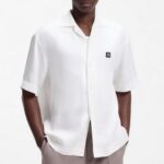 HUGO MEN'S OVERSIZED-FIT SHIRT WITH STACKED-LOGO TRIM NATURAL