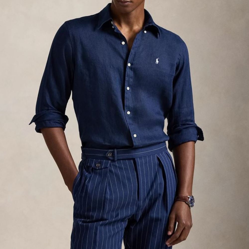 710966294504-3 POLO RALPH LAUREN CUSTOM FIT LINEN SHIRT NAVY BLUE - Image 1