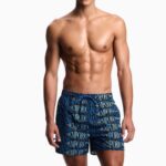 EMPORIO ARMANI MEN'S SWIM SHORTS WITH ALL-OVER LOGO ARMANI BLUE