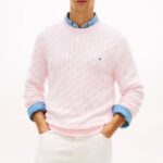 TOMMY HILFIGER MEN'S CLASSIC COTTON CABLE CREW NECK PINK LILY