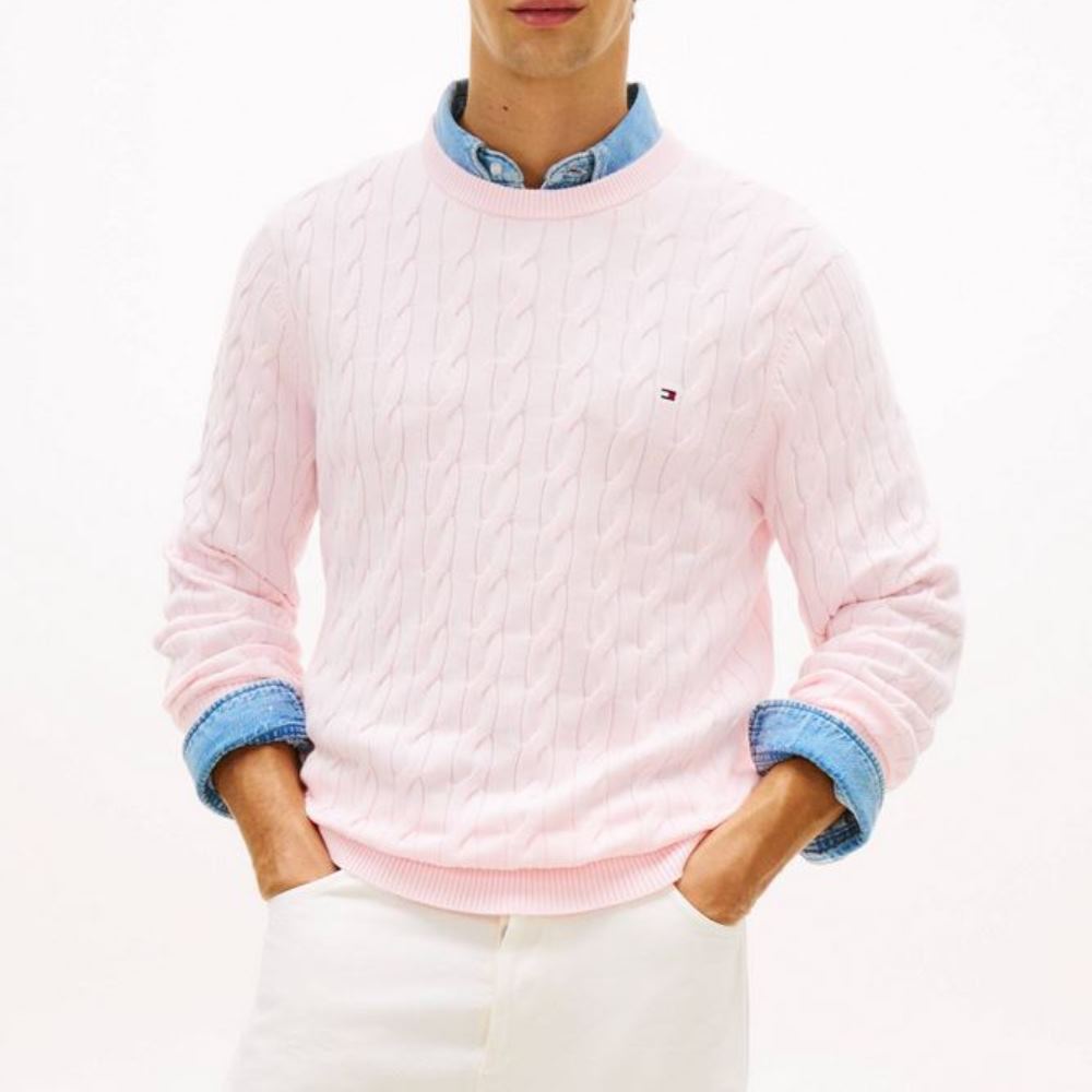 MW0MW33132-TPB-2 TOMMY HILFIGER MEN'S CLASSIC COTTON CABLE CREW NECK PINK LILY - Image 1