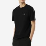 LACOSTE MEN'S COTTON T-SHIRT BRANDED STRIPE BAND BLACK
