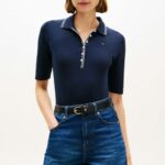TOMMY HILFIGER WOMAN'S SLIN-FIT TIPPED HALF SLEEVE POLO SHIRT DARK NIGHT NAVY