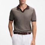 BOSS MEN'S COTTON-BLEND KNIT POLO WITH HORIZONAL STRIPE DARK BROWN