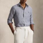 POLO RALPH LAUREN CUSTOM FIT STRIPED LINEN SHIRT NEW CLASSIC NAVY BLUE