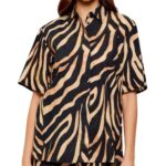 HUGO WOMEN'S RELAXED-FIT BLOUSE WITH EBRA PRINT BLACK AND DARK BEIGE