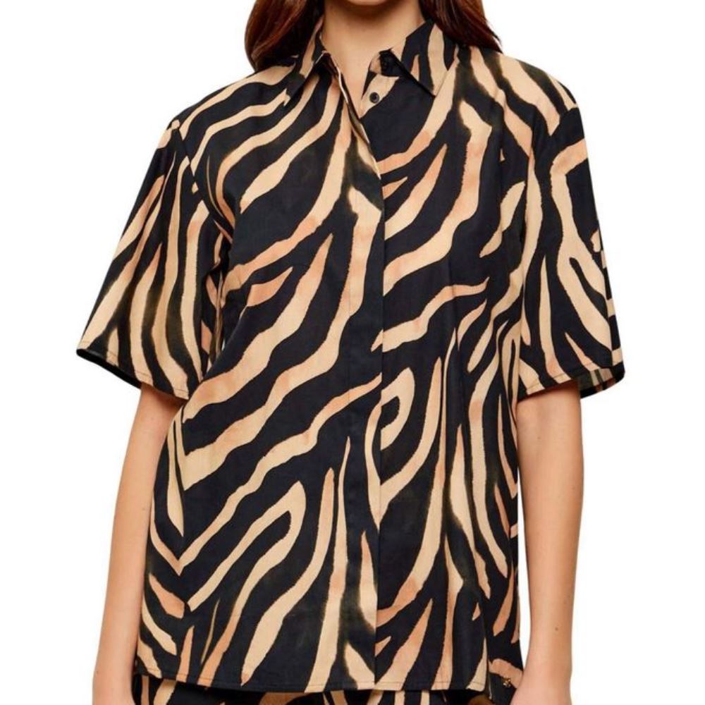 50562602-963-4 HUGO WOMEN'S RELAXED-FIT BLOUSE WITH EBRA PRINT BLACK AND DARK BEIGE - Image 1