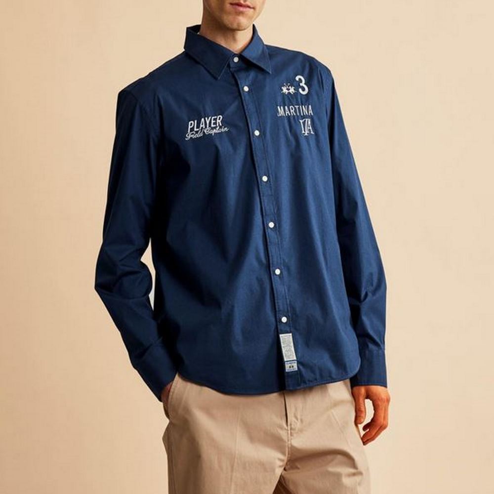 MCC601-07017-1 LA MARTINA MEN'S LONG SLEEVED POPLIN SHIRT ITALIA EDITION NAVY - Image 1
